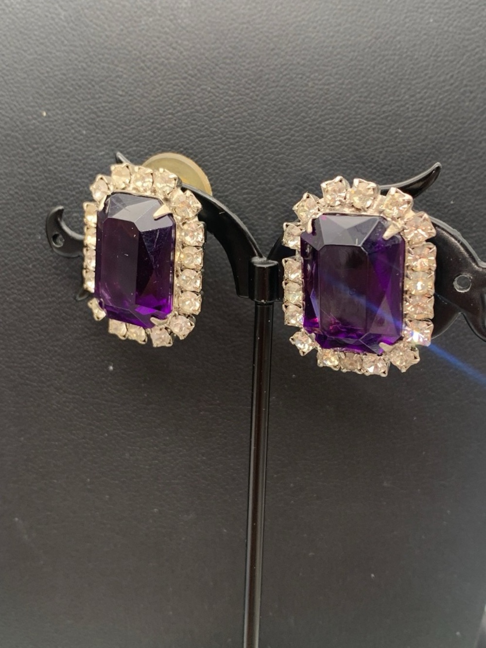 Vintage Purple faceted glass Crystal Halo stud pierced Earrings